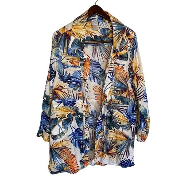 Chicos Jacket Women PMedium Linen Palm Print Snap Front Safari Roll Tab Sleeve - Picture 1 of 12